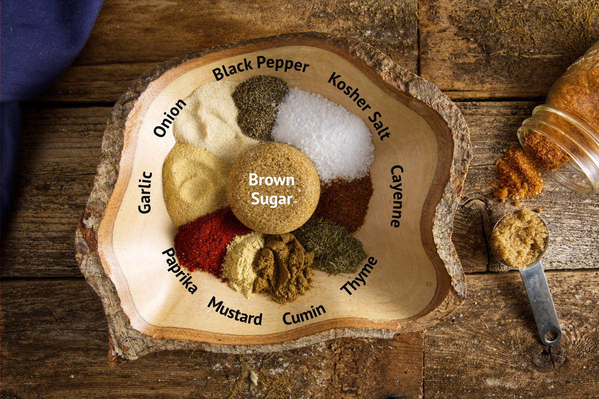 Ingredients for pork dry rub: brown sugar, black pepper, kosher salt, cayenne, thyme, cumin, mustard, paprika, garlic, onion.