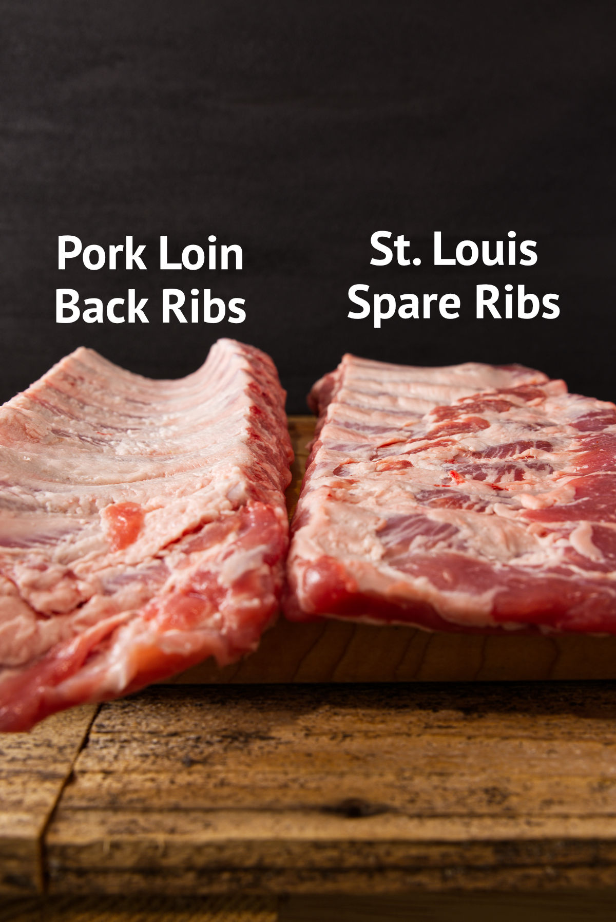 Side by side of baby back ribs and st. louis style ribs on cutting board.