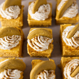 No bake pumpkin cheesecake bars with a gingersnap cookie on top, laid out in a grid.