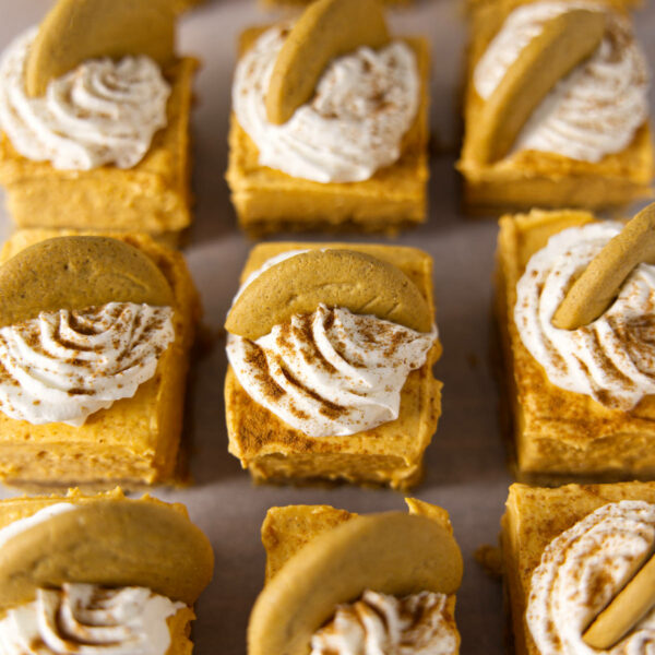 Several pumpkin cheesecake bars sliced and laid out on parchment paper in a grid.