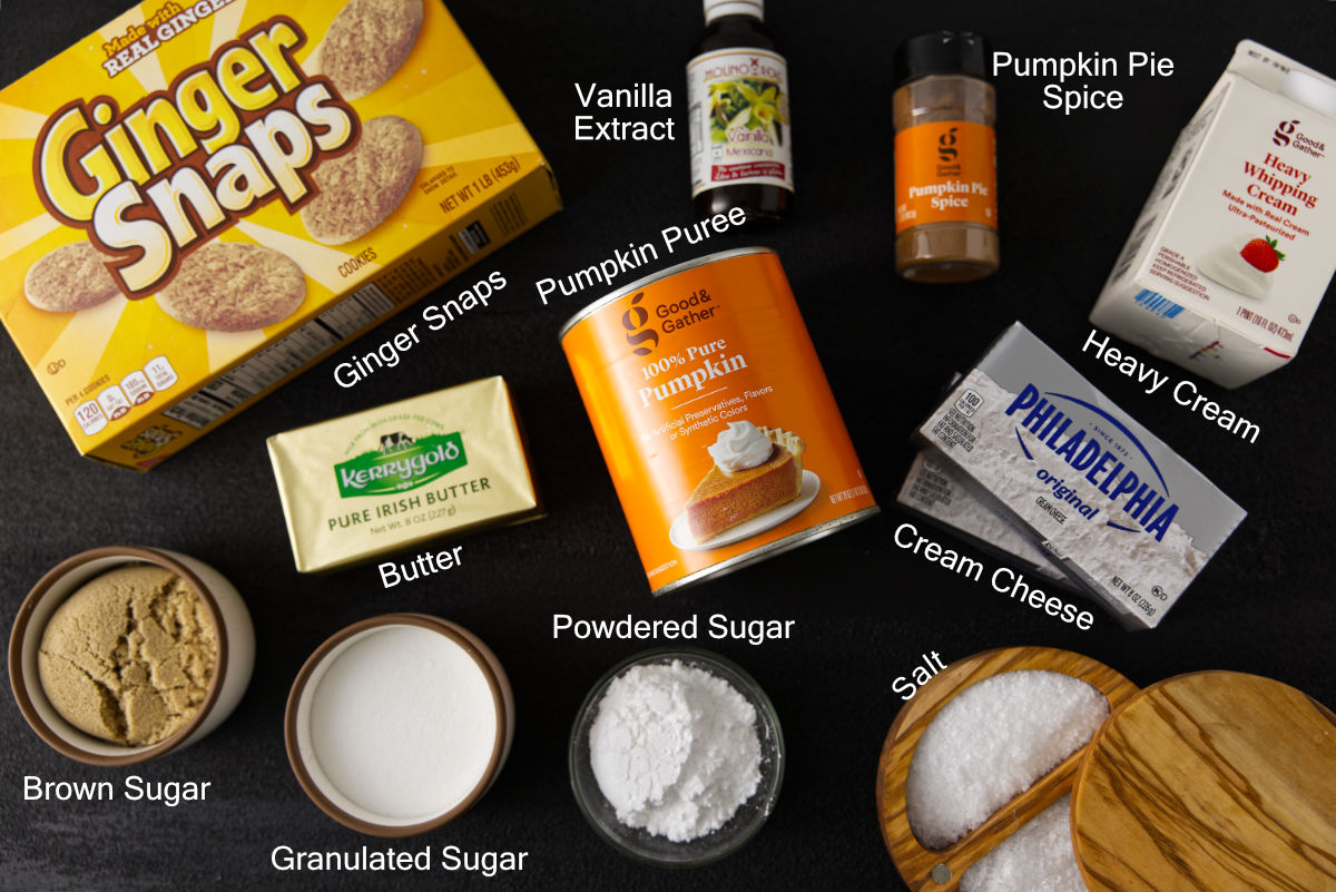 Ingredients to make no bake pumpkin cheesecake bars.