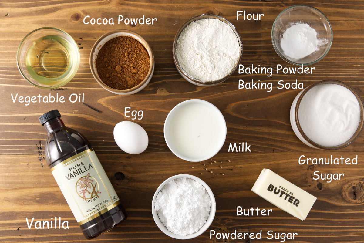 Ingredients for moist chocolate cake and creamy buttercream frosting.