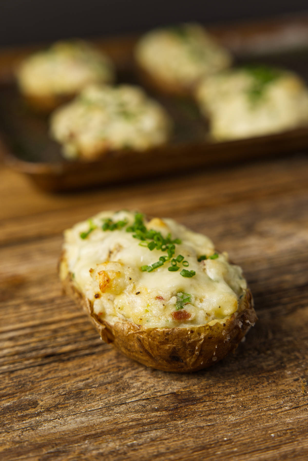 Close up of twice baked potato.