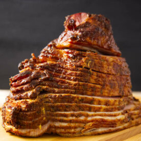 Close up of spiral sliced ham that has been double smoked on the Traeger.
