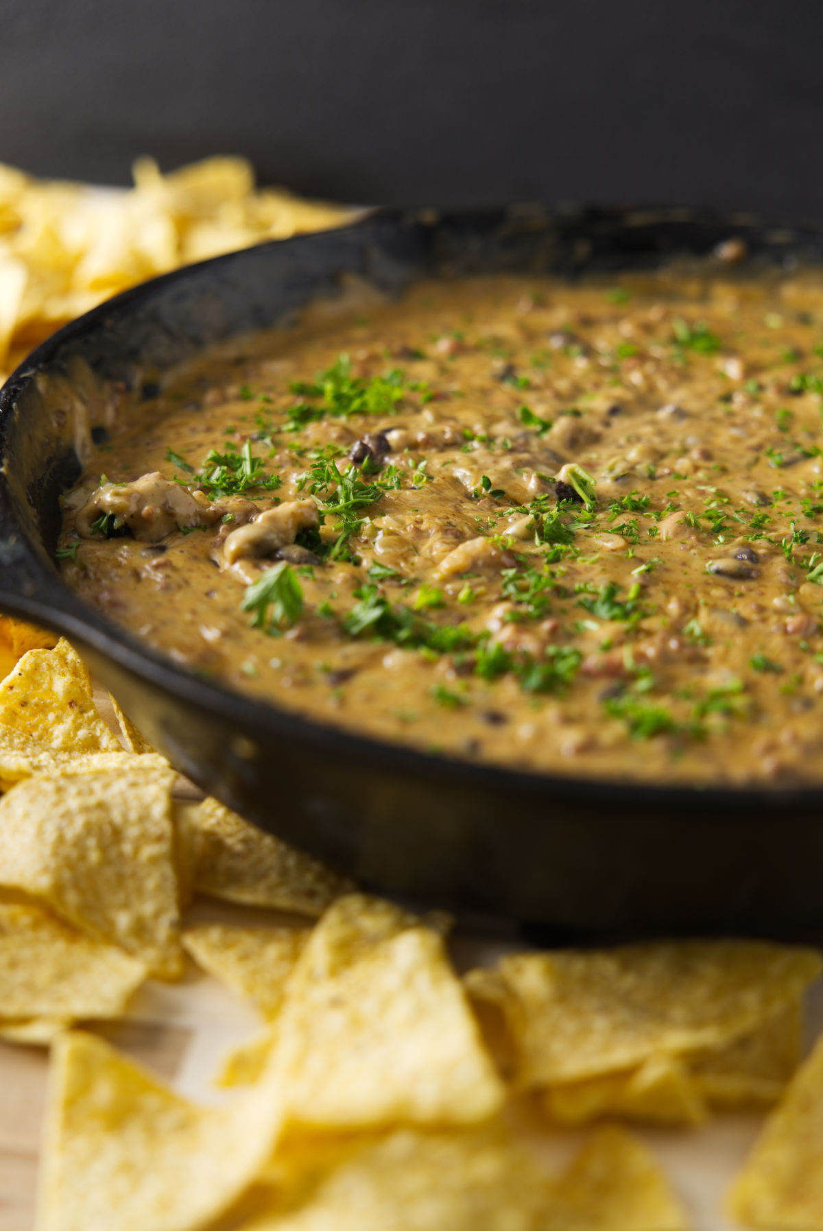 Closeup of skillet with smoked queso dip.