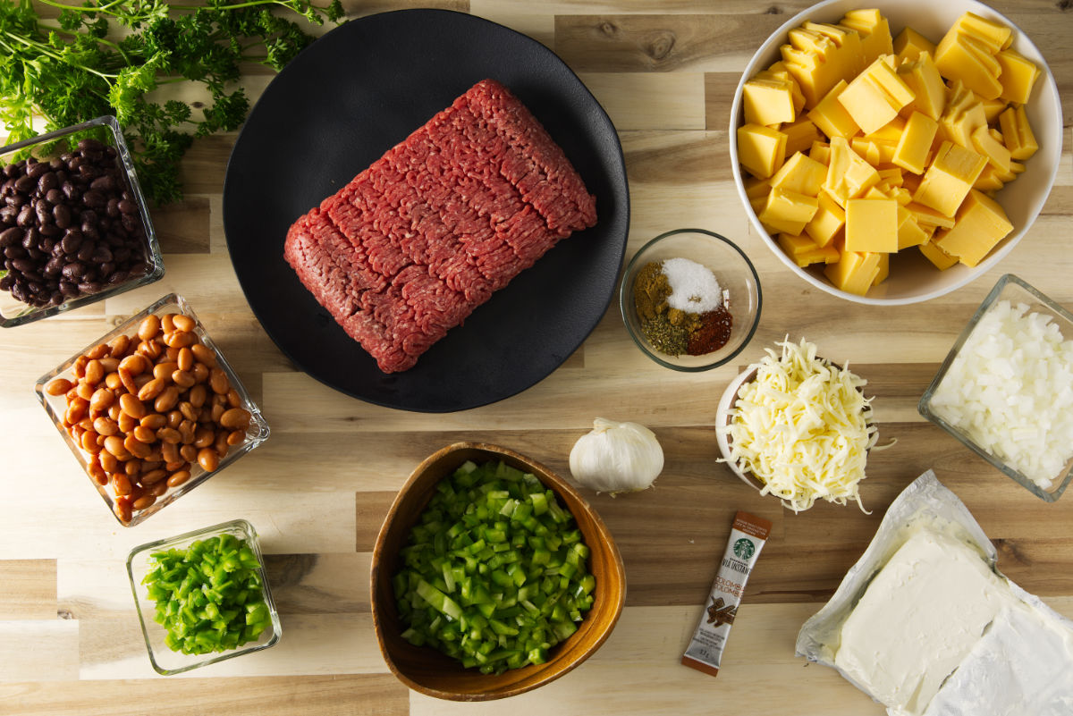 Ingredients for smoked chili cheese dip.