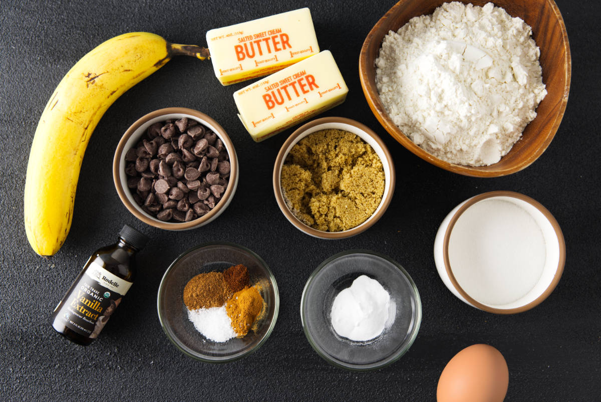 Ingredients for chocolate chip banana bread cookies.