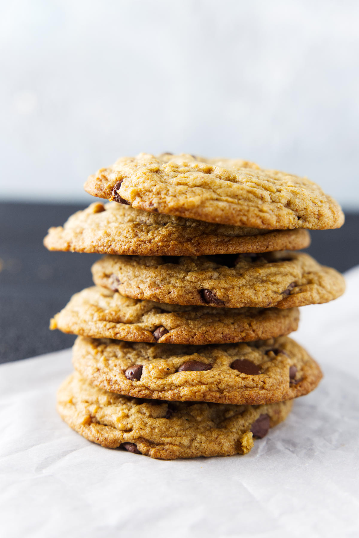 Stack of banana bread chocolate chip cookies.