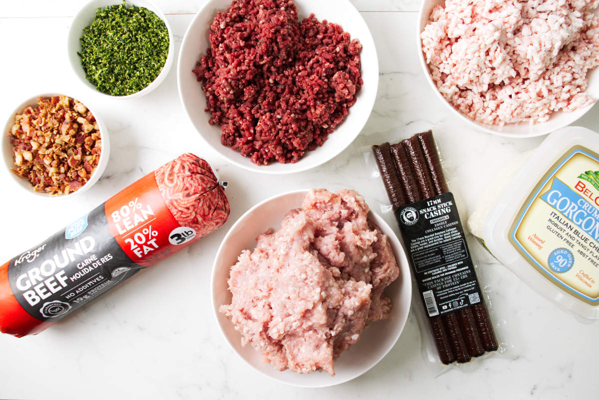 Ingredients for blue cheese bacon venison snack sticks.