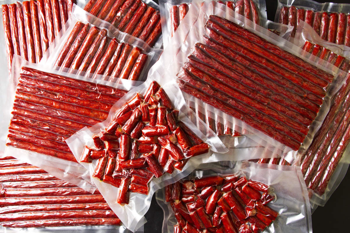 Blue cheese bacon venison snack sticks vacuum sealed for storage.