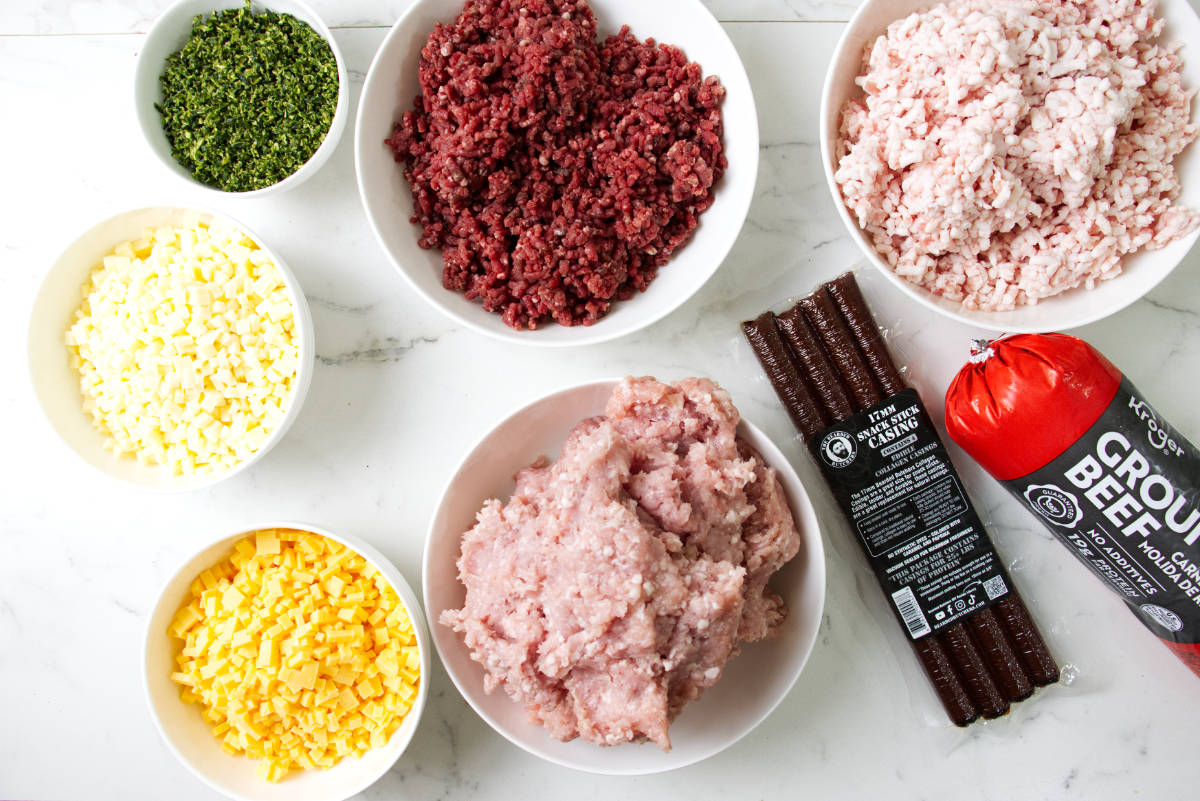 Ingredients for jalapeño and cheddar venison snack sticks.