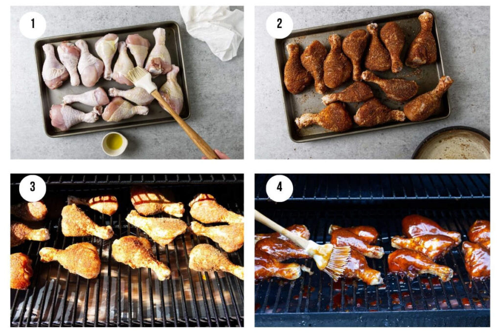 Four photos showing how to make smoked chicken legs on the traeger.