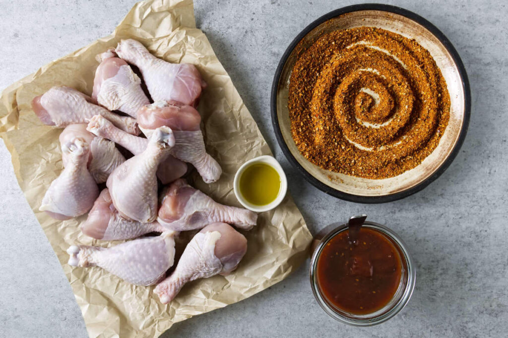 Ingredients used to make smoked chicken drumsticks.
