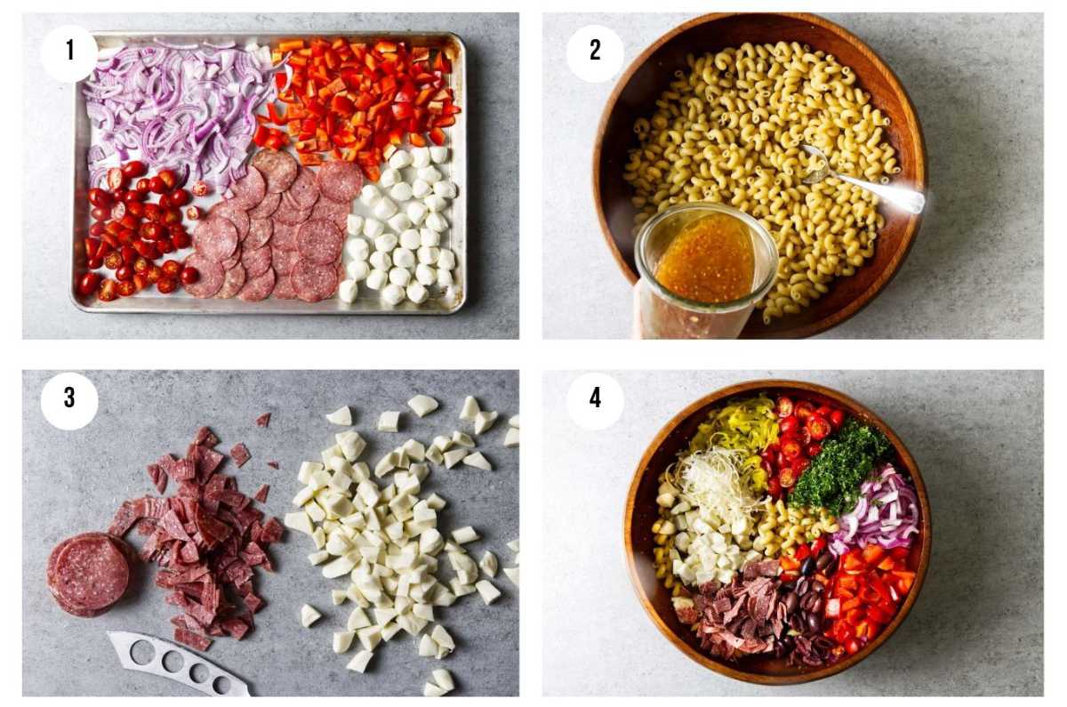 Four photos showing how to make smoked pasta salad.