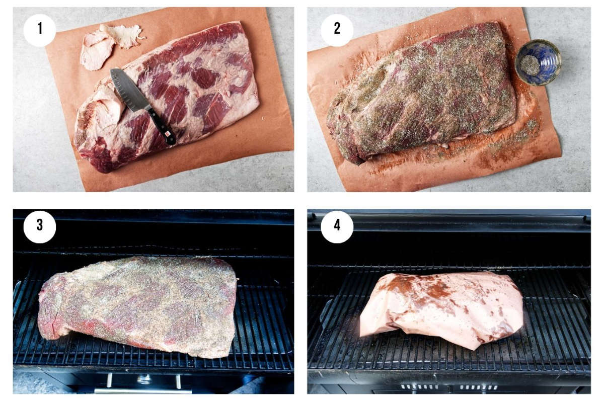 Four photos showing how to make smoked brisket on a pellet grill.