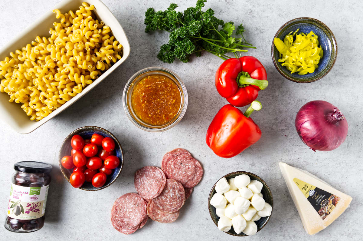 Ingredients used to make Italian pasta salad on the pellet grill.