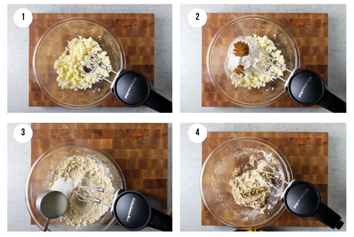 Four photos showing steps for how to make peach cobbler.