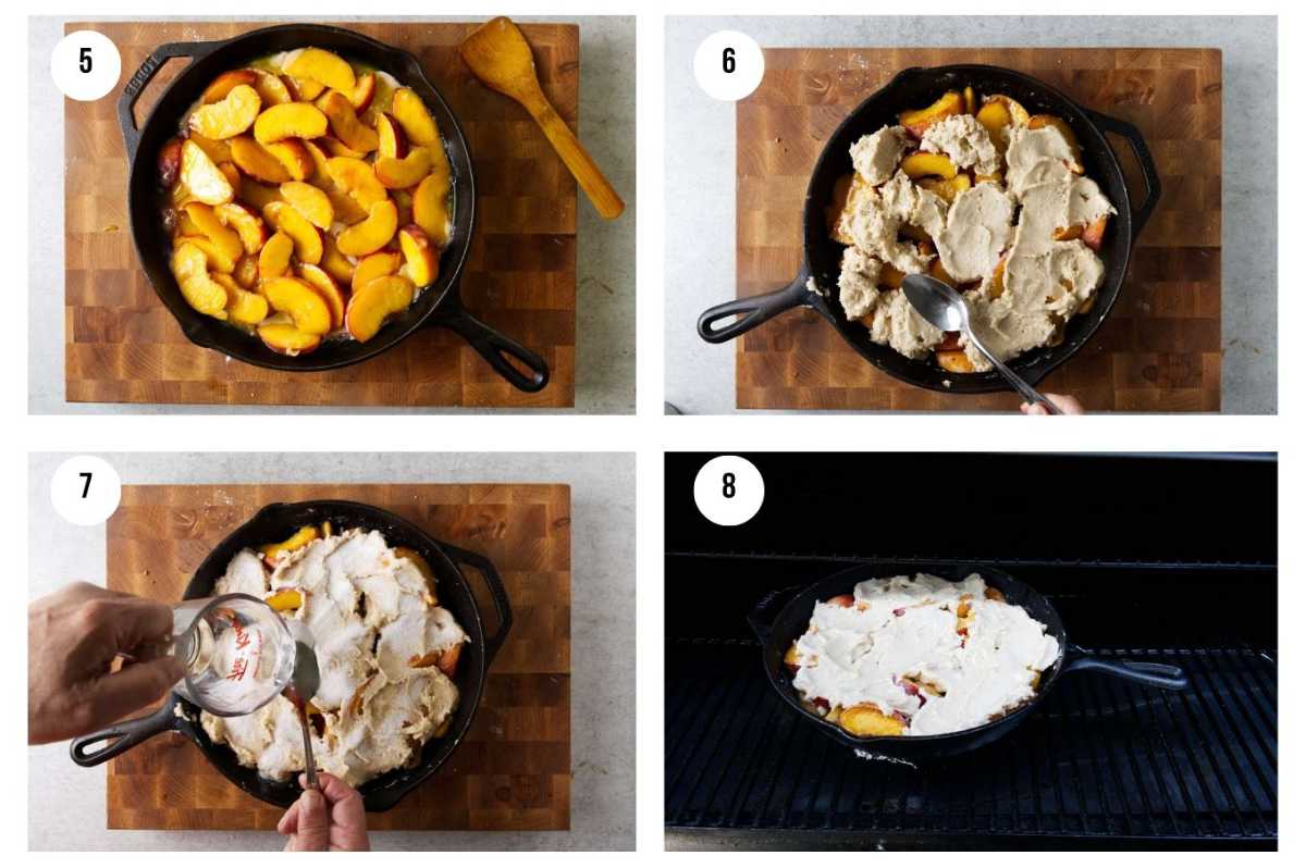 Four photos showing how to make peach cobbler.
