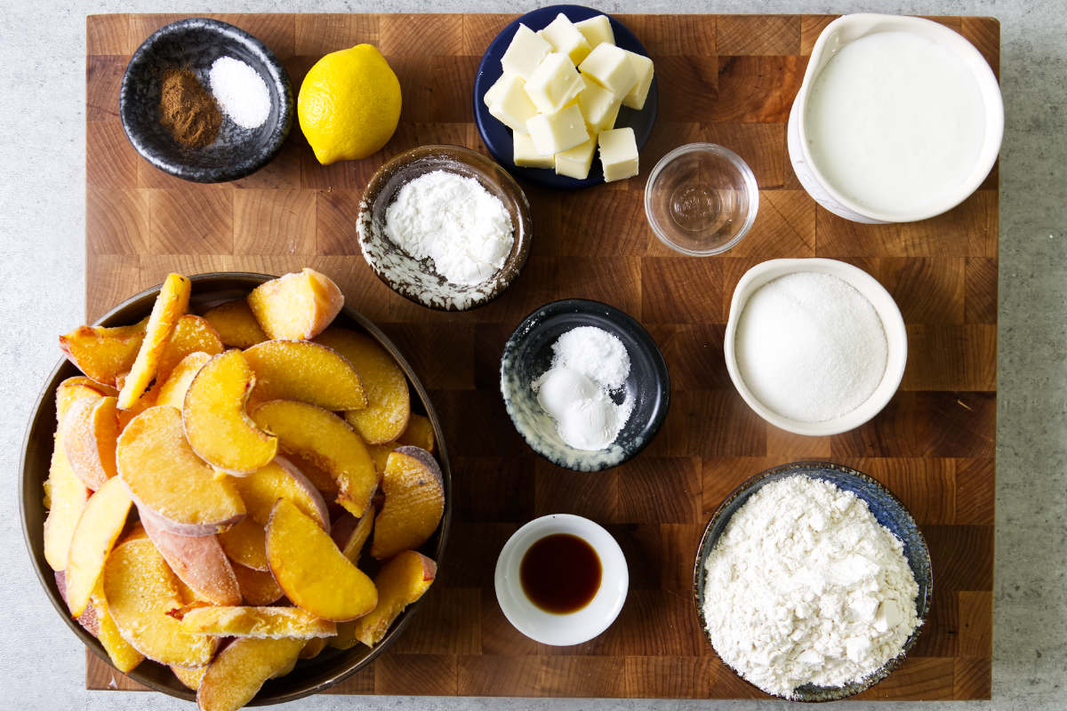 Ingredients used to make a smoked peach cobbler on the pellet grill.